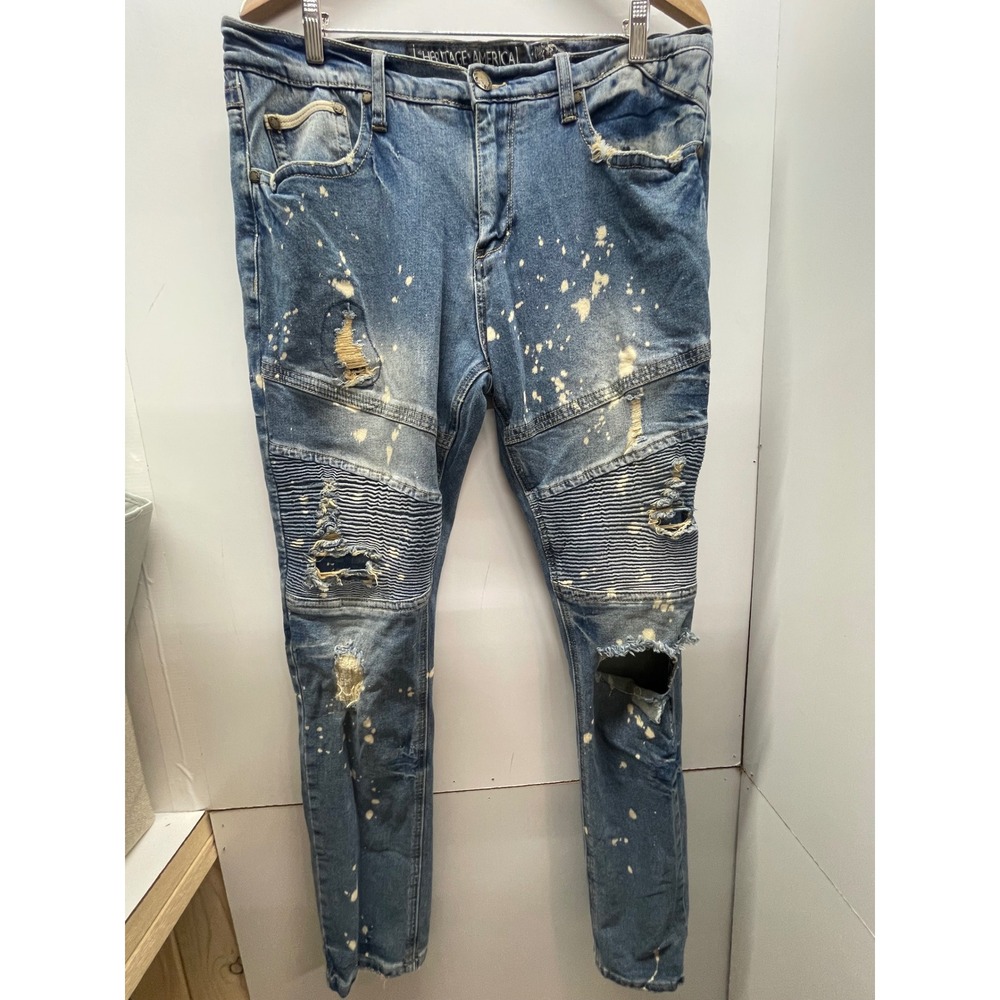 Heritage America 1776 Men Distressed Moto Biker Jeans Blue Bleach Splatter 38x34